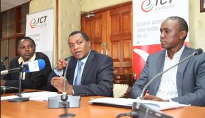 Matunda Nyanchama, an ICT Advisor at the Ministry of ICT, Victor Kyalo, CEO, ICT Authority and Vincent Njoroge of Elementblue at the Press Briefing for Kenya ICT Innovation Forum on 25th February 2015.